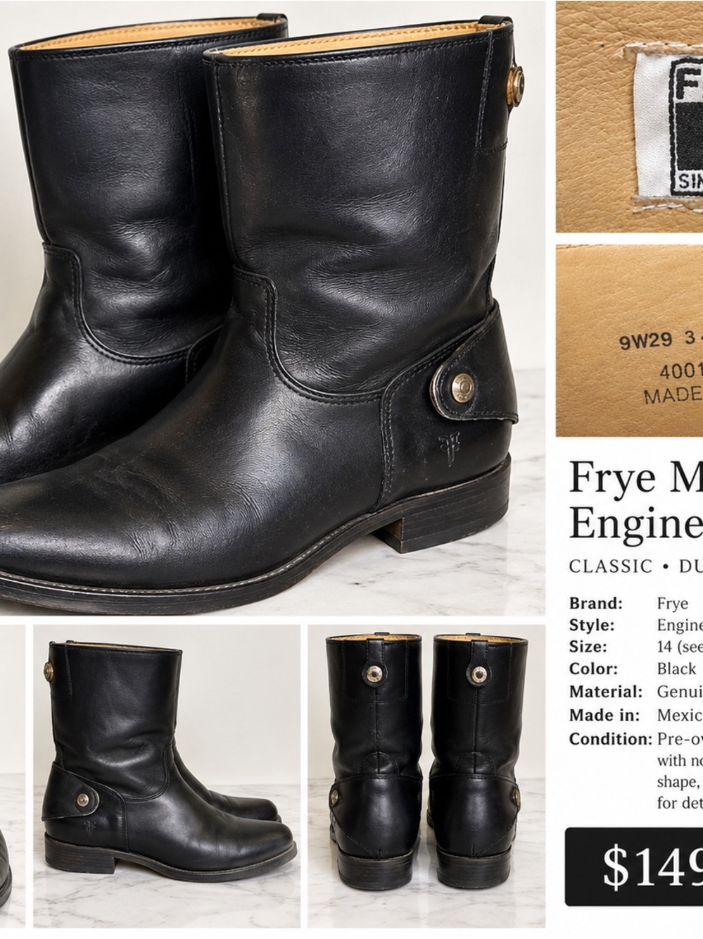 Frye Black Leather Engineer Boots